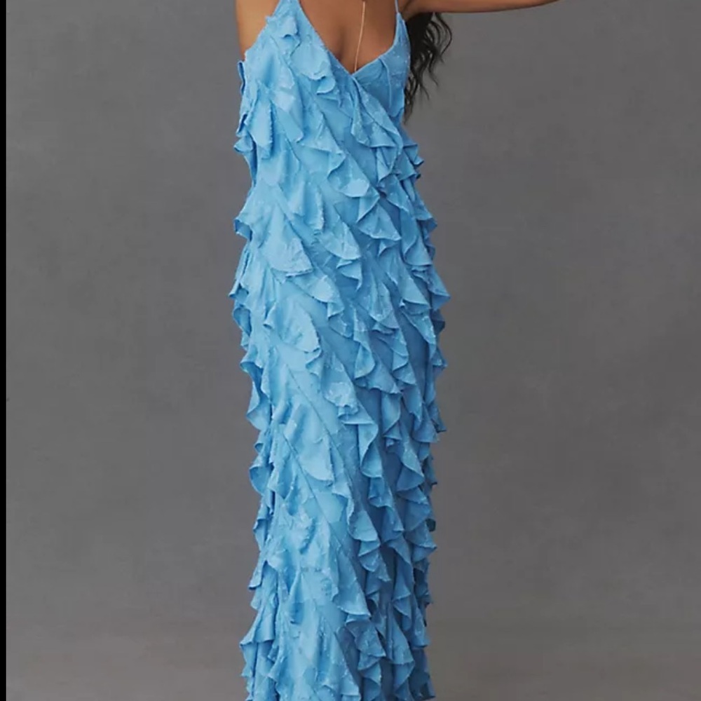 NWOT Anthropologie BHLDN Jia Printed Bias-Cut Ruffled V-Neck Gown Maxi Blue Sz 0